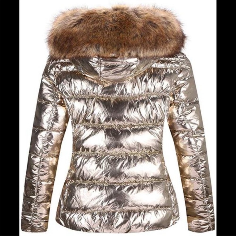 Puffer Jacket Winter Women Warm Quilted Bubble Fur Hood Coat Medium Gold Shimmer - Picture 5 of 16